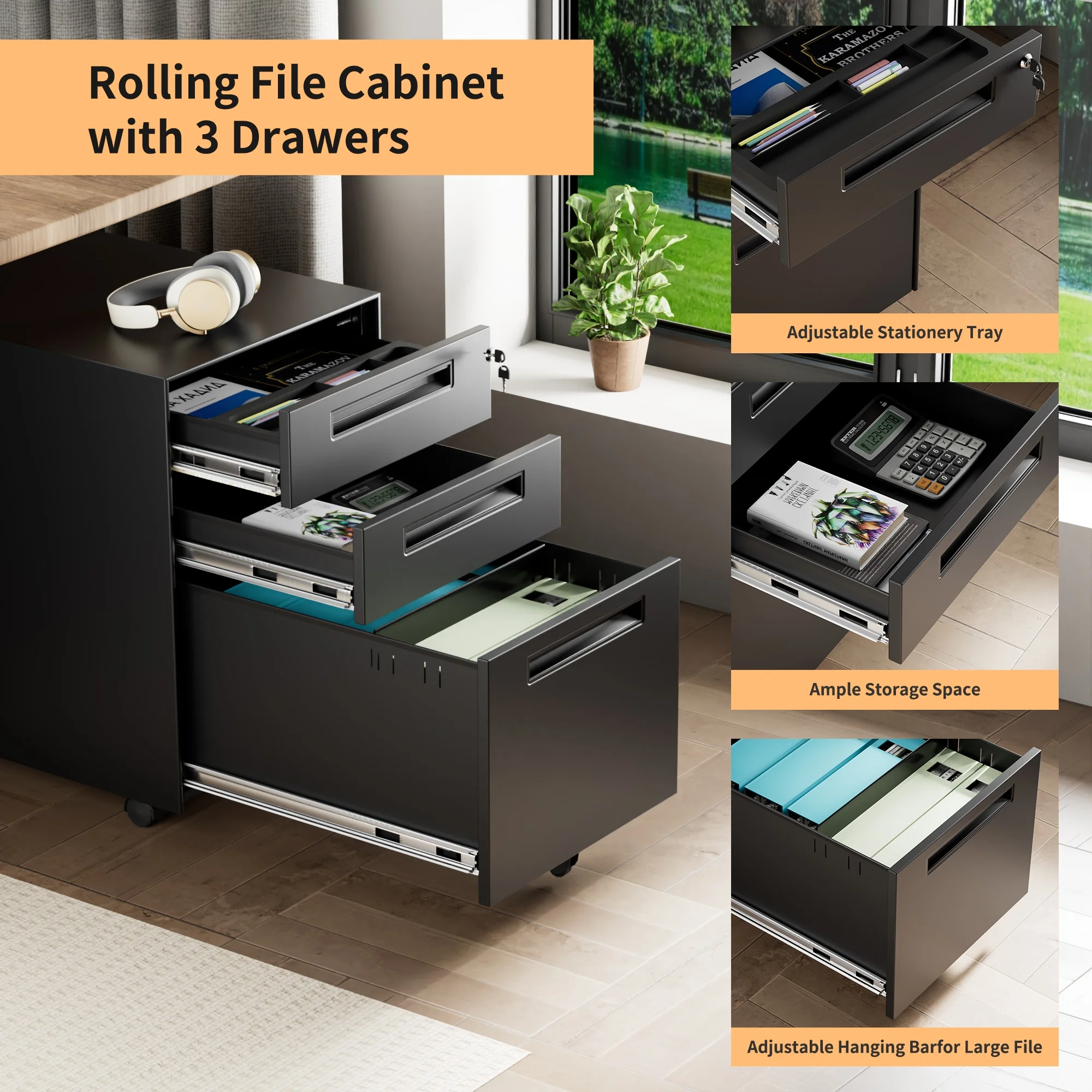 Black Rolling File Cabinet,3 Drawer File Cabinet with Lock & Wheels,Under Desk File Cabinet Mobile Metal File Cabinet for Home Office,Fits Legal/Letter/A4,Vertical Storage Filing