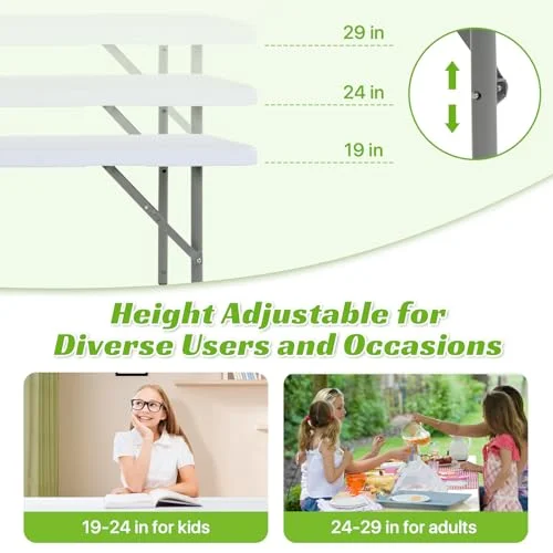 Folding Table 4 Foot Height Adjustable Foldable Table with Carrying Handle, Lightweight Plastic Table for Camping, Picnic, Party, BBQ, Outdoor Folding Table Fold-in-Half, White