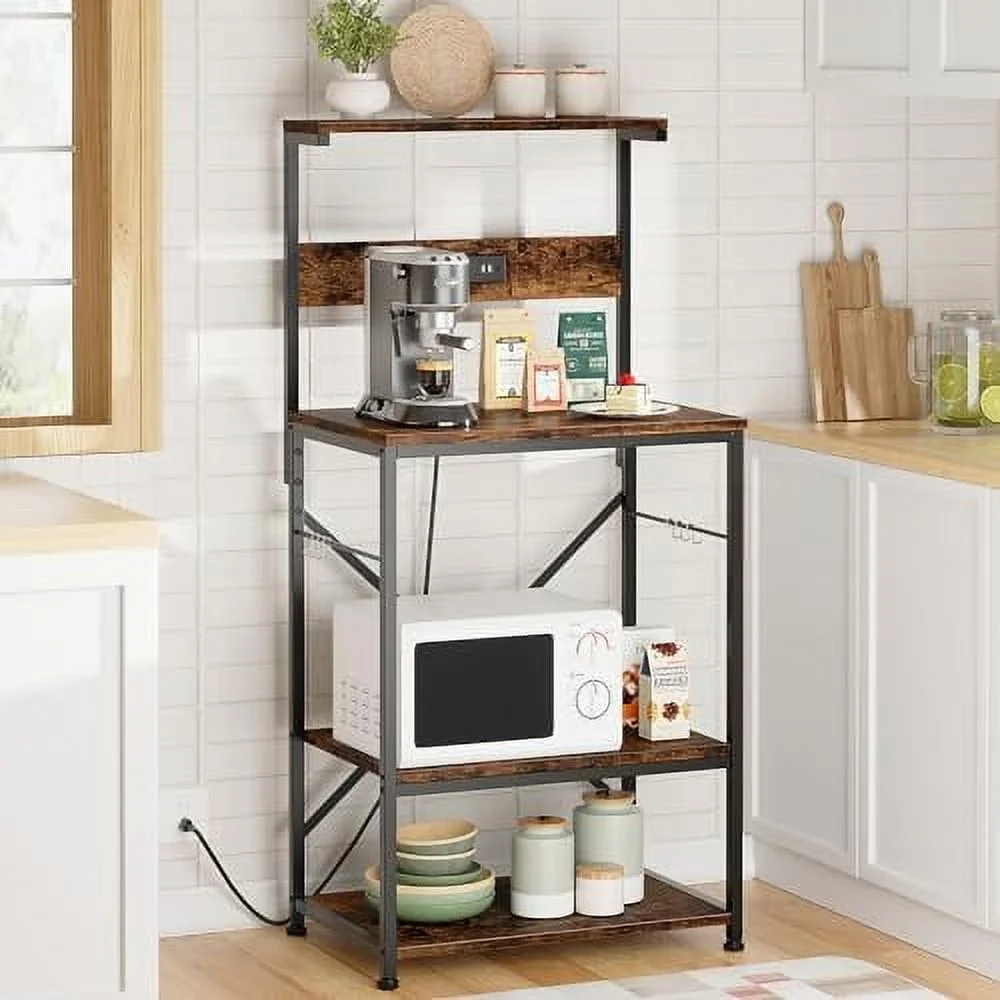 HYHBIBOOM Kitchen Bakers Rack with Power Outlet  Microwave Stand with 6 S-Shaped Hooks  4-Tier Coffee  Microwave Rack (23.62''  Rustic Brown)