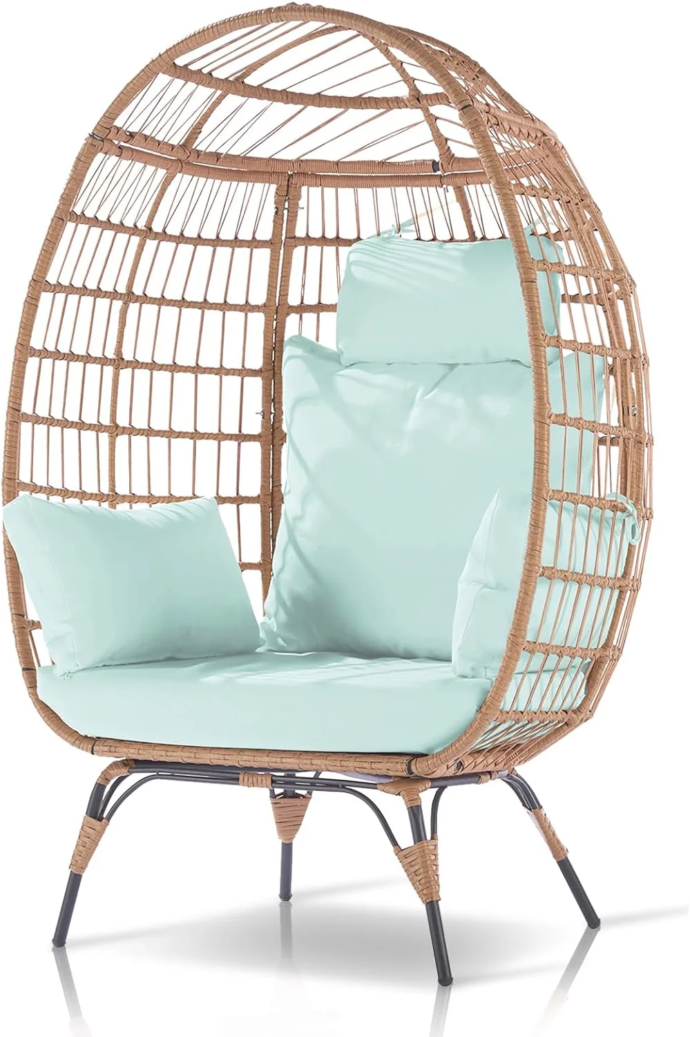 Shinpt High Wicker Egg Chair With 5 Cushions, Oversized Indoor Outdoor Lounger for Patio, Backyard, Living Room Steel Frame, Light Blue