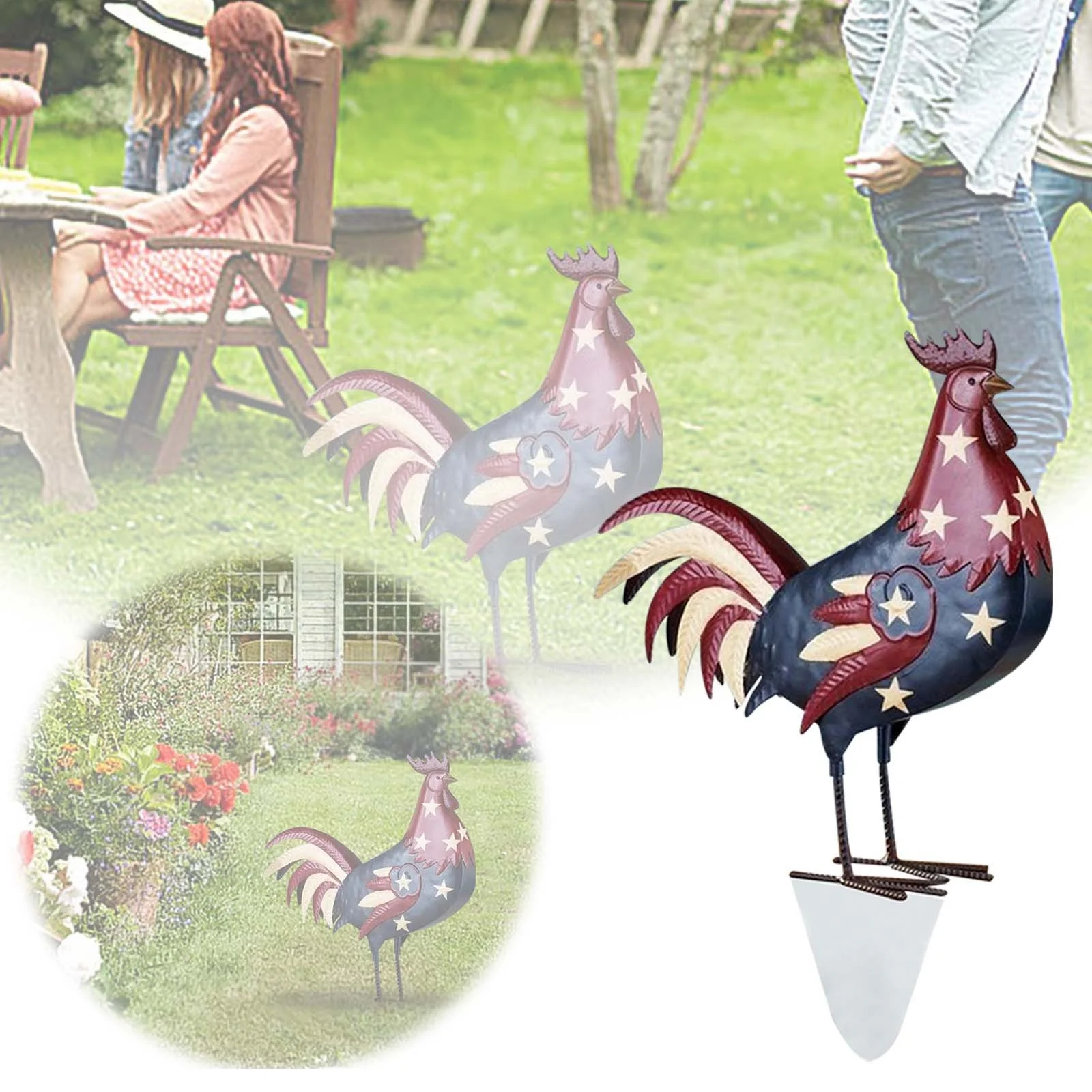 Independence Day Metal Rooster Decor,Garden Statues & Sculptures,17.71 Inch Chicken Yard Art Decor Standing Animal Lawn Ornament for Backyard Patio Kitchen Decorations (17.71INCH)
