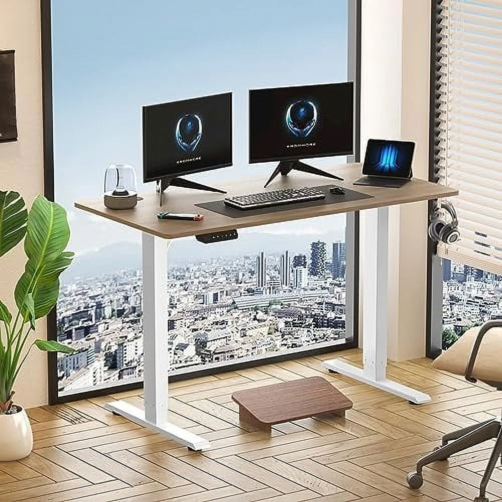 ZWNLKQG Electric Standing Desk  48x24 Inch Whole-Piece Desktop Adjustable Desk Computer Workstation with 3 Memory Presets and Hook for Home Office (Maple & White)