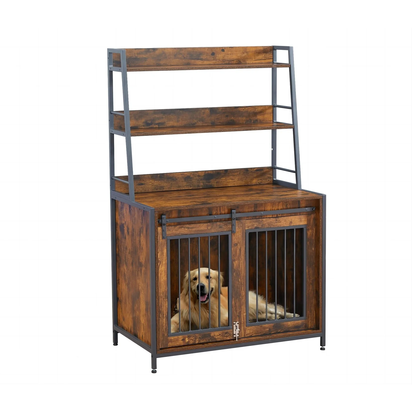 37'' Dog Crate Furniture with Shelves for Small to Medium Pets Rustic Brown