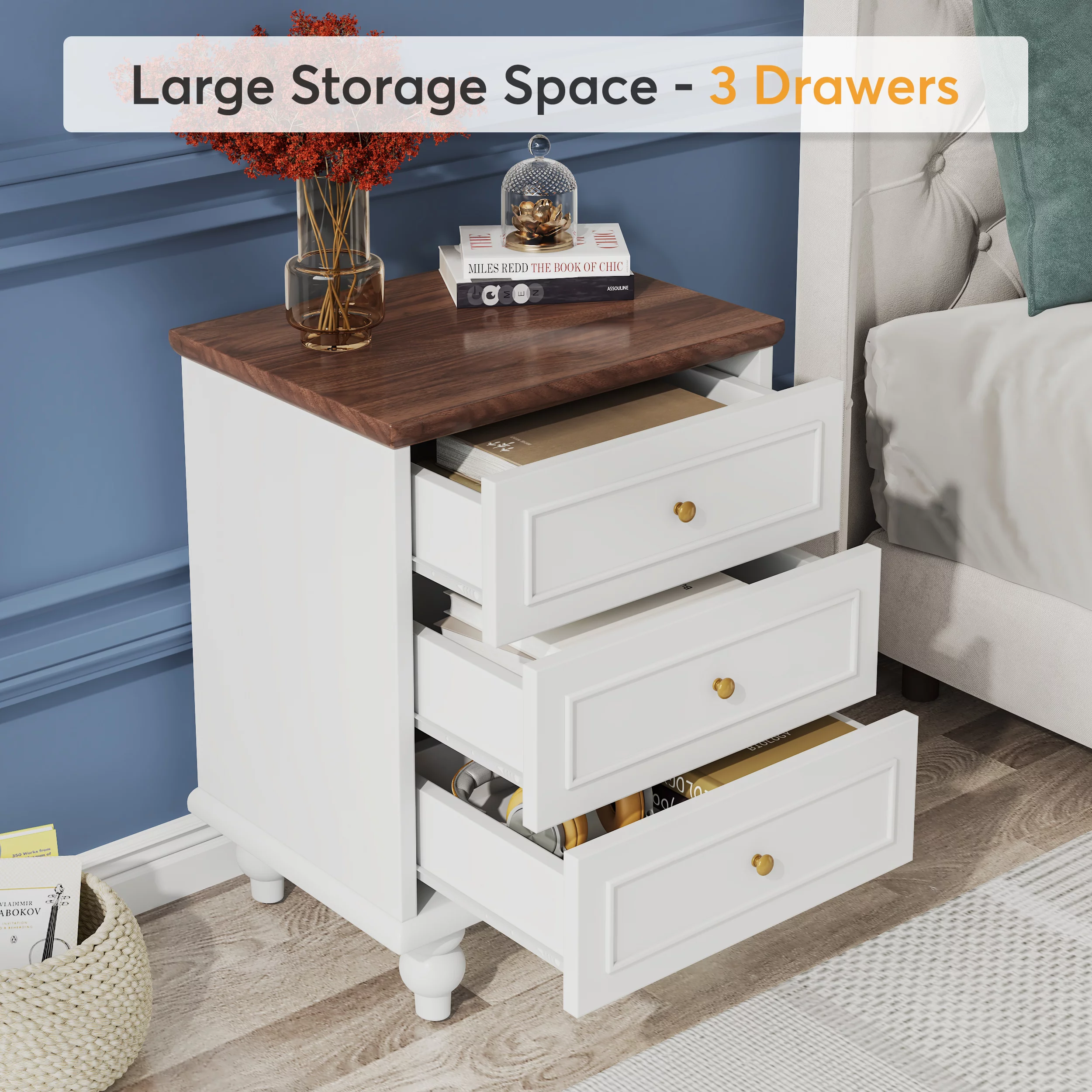 3-Drawer White Nightstand Bedside Table with Solid Wood Legs