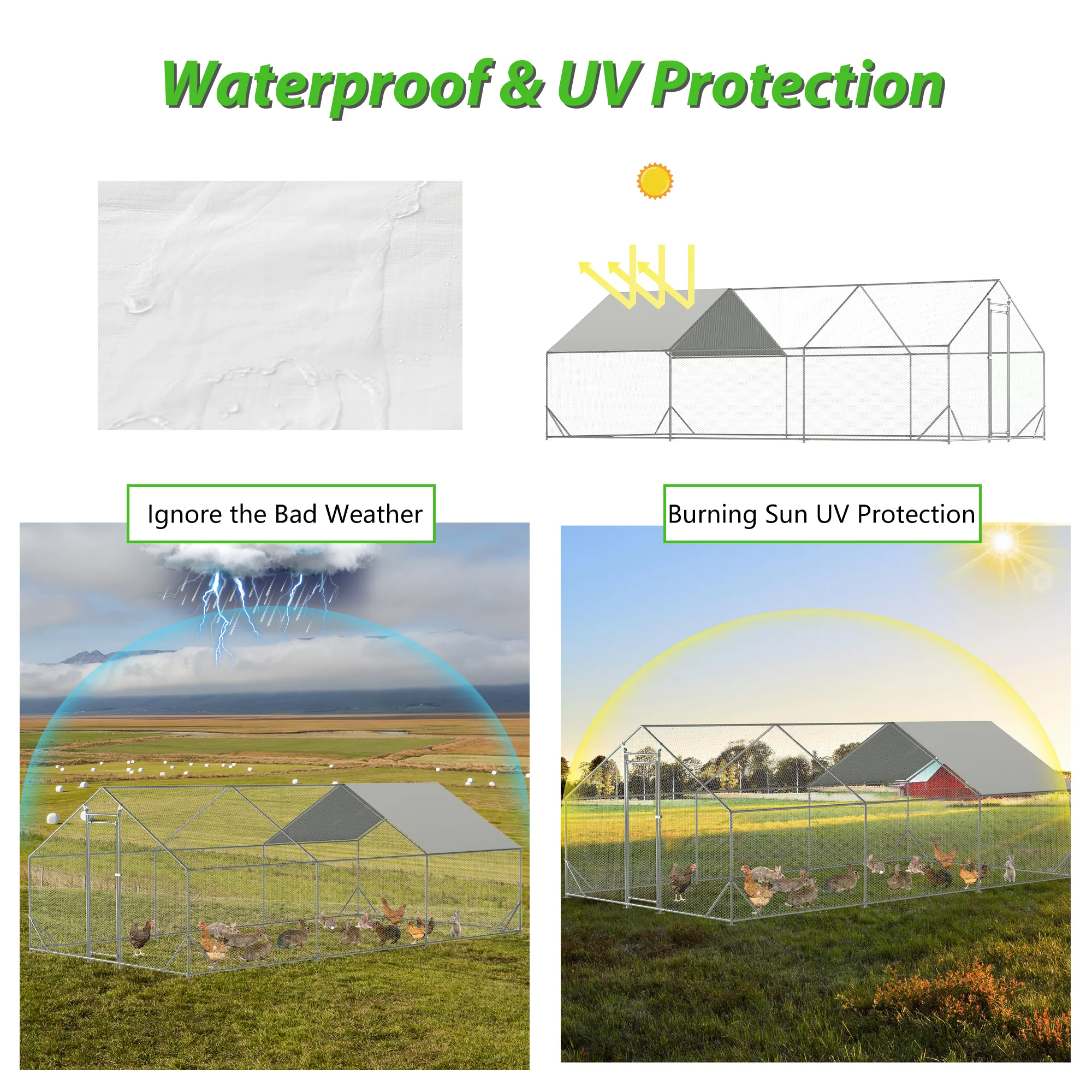 Large Metal Chicken Coop, 10 x 20 ft Outdoor Walk-In Poultry Cage Hen Run House Rabbit with Waterproof Cover Suitable for outdoor, backyard and farms