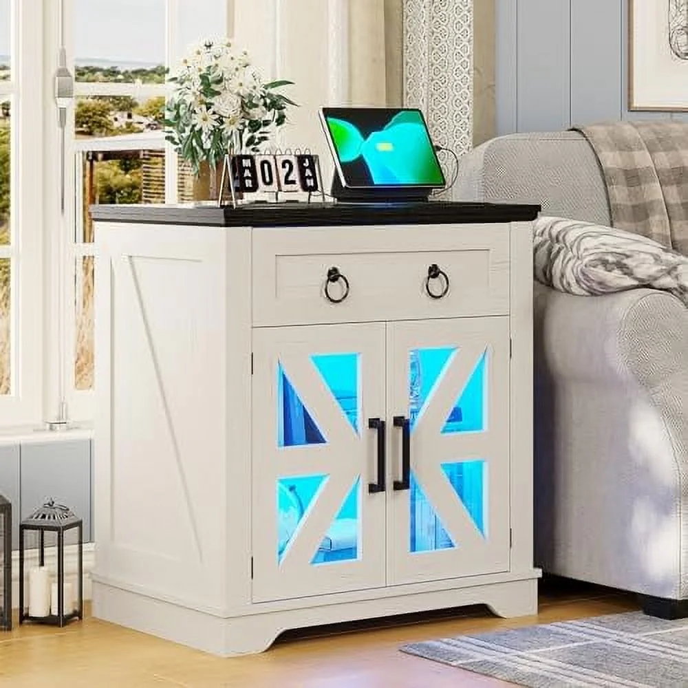 TJCGDTY End Table Set 2 with LED Lights  23.6" Large Farmhouse End Table with Charging Station  Night Stand Set 2 with Adjustable  Shlef  for Living Room  Bedroom (White 2PCS)