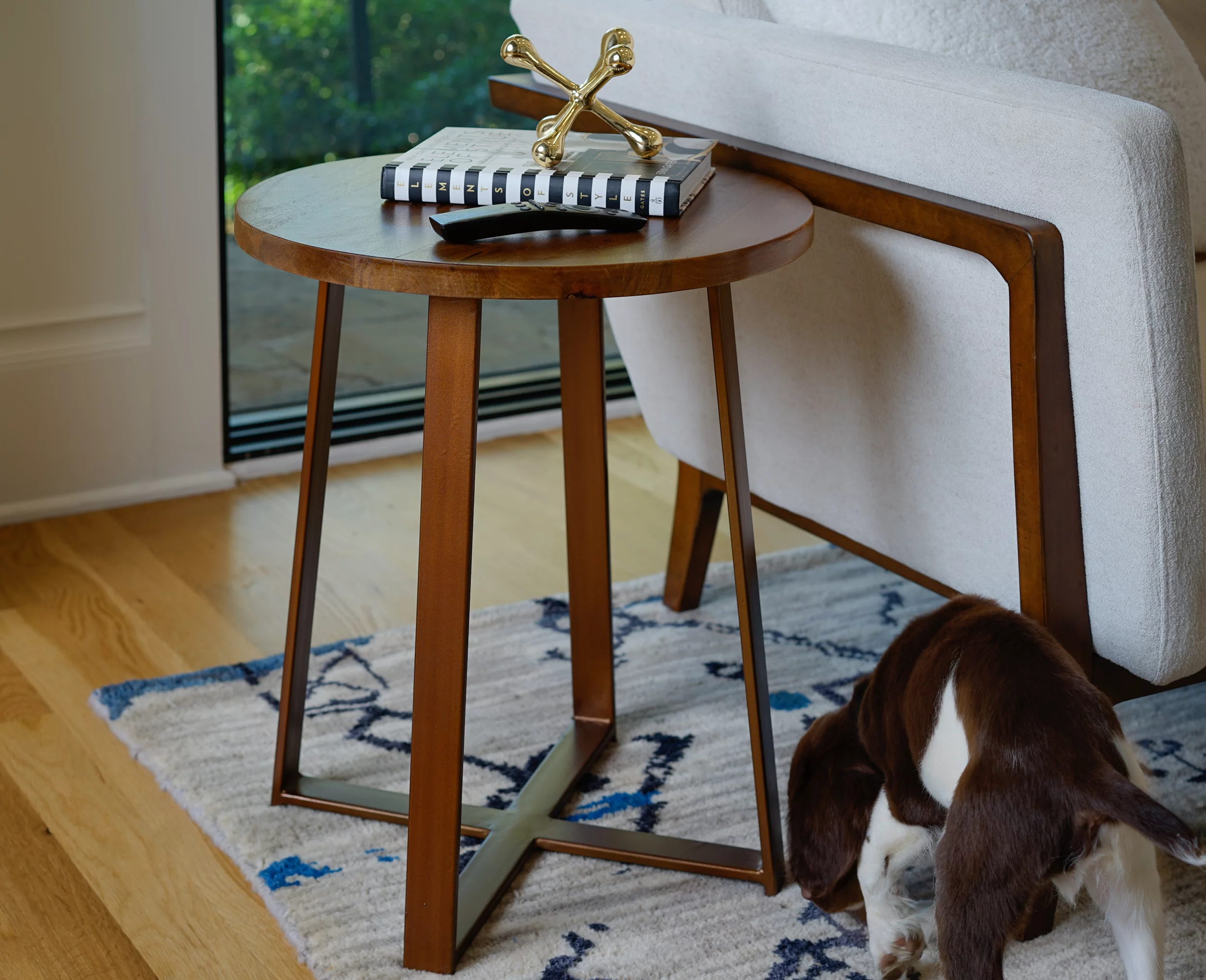 Posh Pollen Ross Round Side Table with Solid Wood Light Sand Brown Finish with Bronze Base