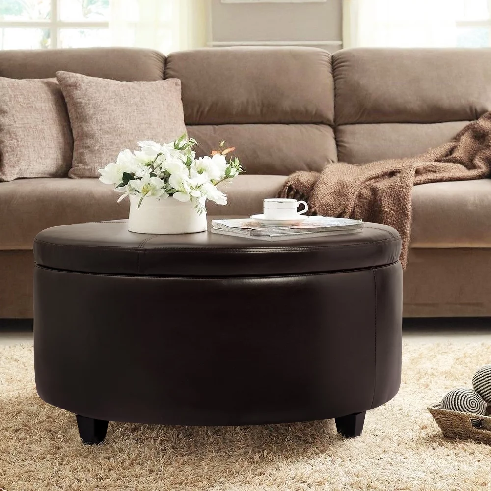 Lacoo Large Round Storage Faux Leather Ottoman Comfort Footrest, Brown
