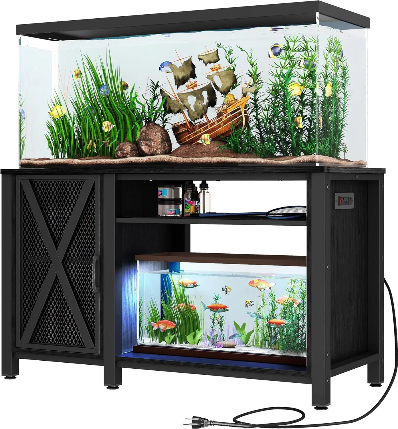 Gallon Aquarium Stand With Power Outlets, Cabinet For Fish Accessories Storage - Heavy Duty Metal Fish Stand Suitable For Turtle , Reptile Terrarium, 860LBS Capacity, Black