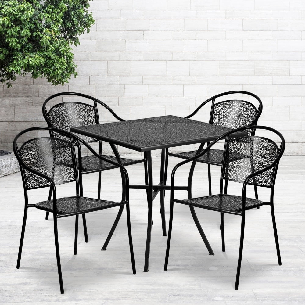 Flash Furniture 28'' Square Indoor-Outdoor Steel Patio Table Set with 4 Round Back Chairs Black