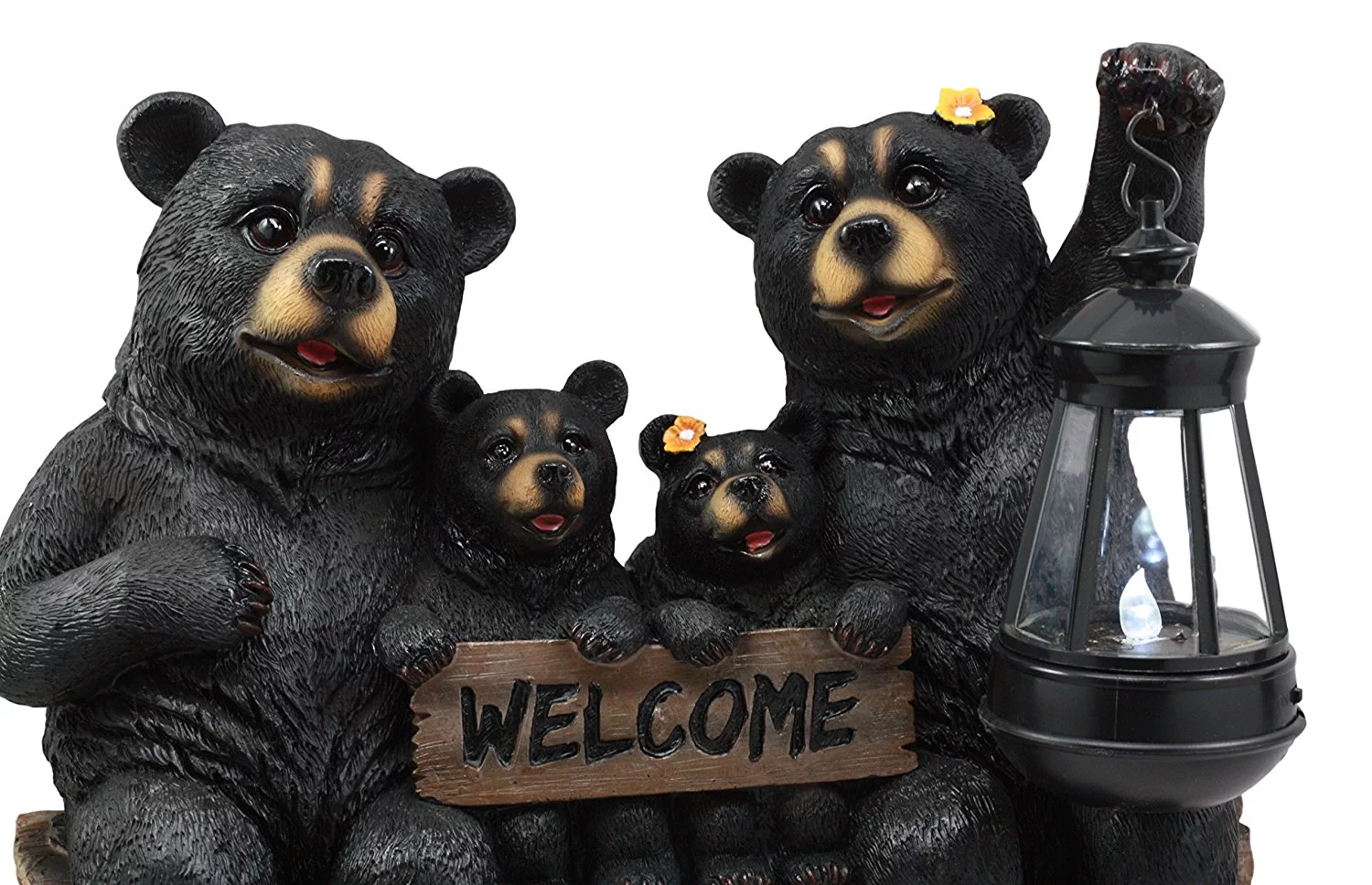 Ebros Beacon Of Happiness Rustic Black Bear Family Welcome Sign Statue With Solar LED Light Lantern