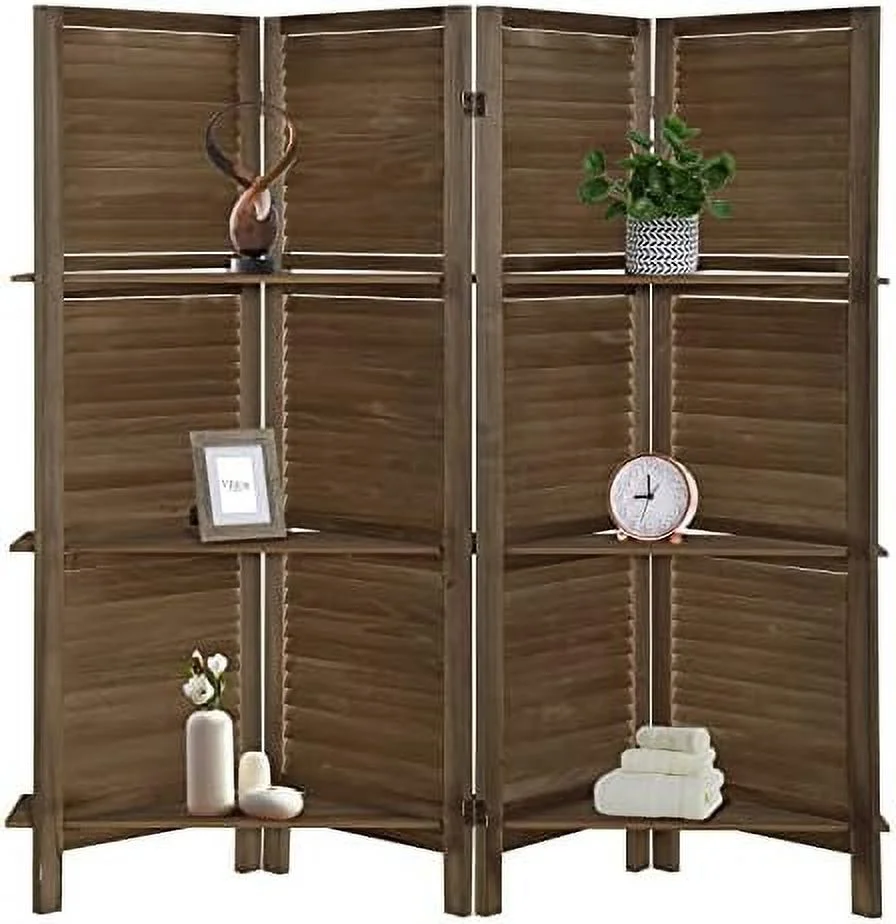 JYHOME 6 Panel Room Divider with Shelves Fully Assembled 5.6Ft Folding Privacy Screens Wooden Room Dividers and Room Separator for Home Bedroom  Dark Brown