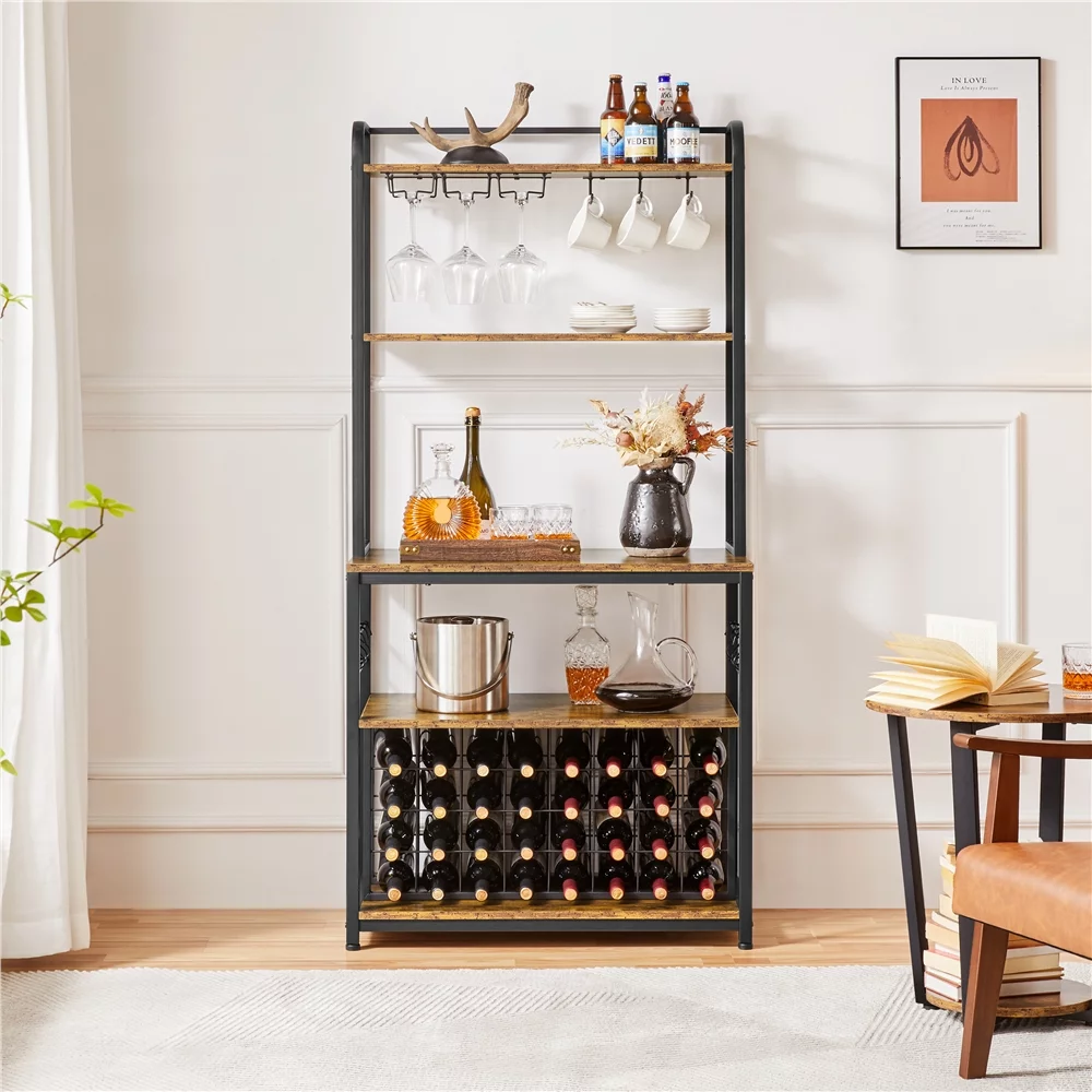 SmileMart 65inch Wine Bakers Rack with Glass Holder and Wine Storage for Home Bar, Rustic Brown