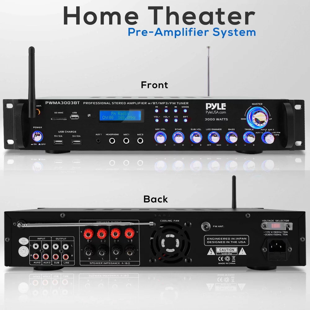 Pyle 3000W 4 Channel Bluetooth Hybrid Amplifier Receiver w/ Microphones & Remote