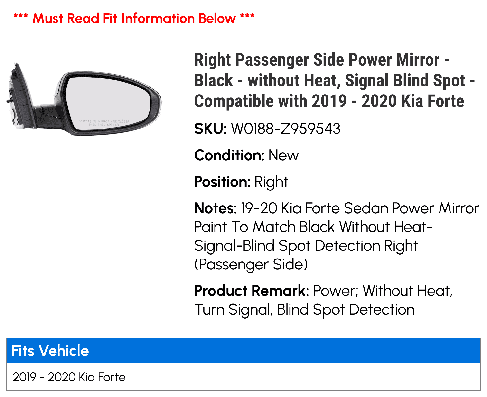 Right Passenger Side Power Mirror - Black - without Heat, Signal Blind Spot - Compatible with 2019 - 2020 Kia Forte Sedan