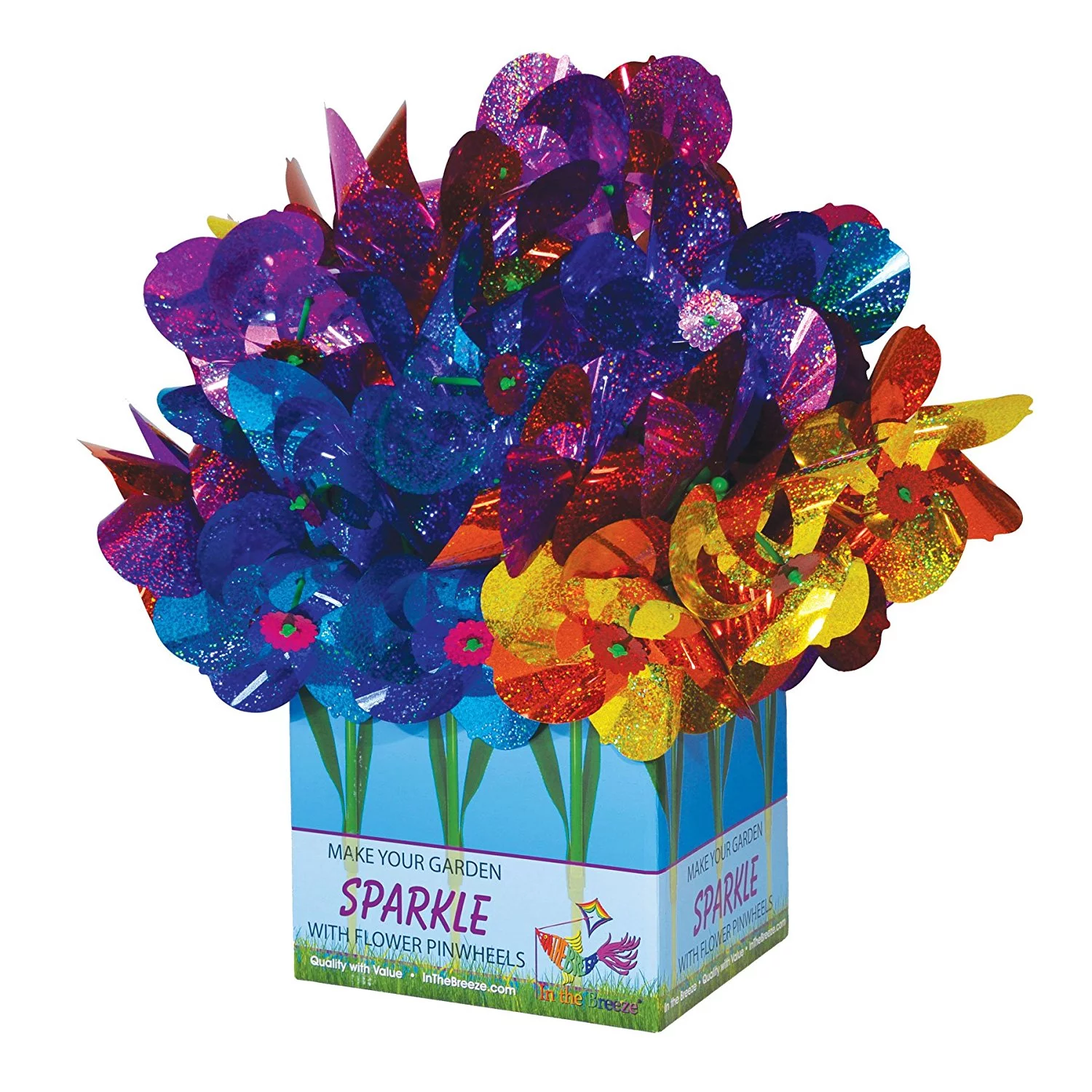 In the Breeze 2721-PACKS — Mylar Rainbow Flower Pinwheel with Leaves - Assorted Two-Tone Color Outdoor/Indoor Spinners - 48 Pieces