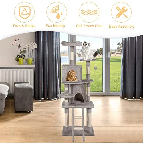 Kinsuite 67” Cat Tree Tower - Cat Condo with Sisal Scratching Climbing & Scratching Posts, Multi-Level Cat Furniture Cat Activity Play House Indoor for Cats, Grey