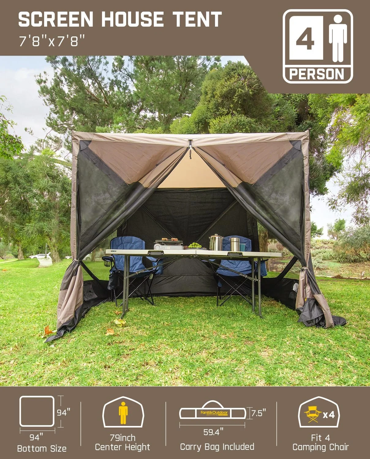 FanttikOutdoor Camping Canopy Gazebo Tent, 4/8 Person Pop-up Screen Tent for Camping 4/6 Sided Instant Shelter Tent with Wind Panel & Carrying Bag Easy Set up in 60 Seconds