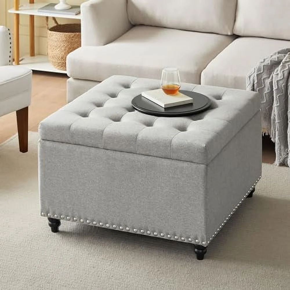 GVJMTKP Square  Ottoman Bench  Large Ottoman Coffee Table with  for Living Room  Oversized Upholstered Ottoman  Foot Stool  Tufted Ottoman Footrest for Couch (Silver Gray)