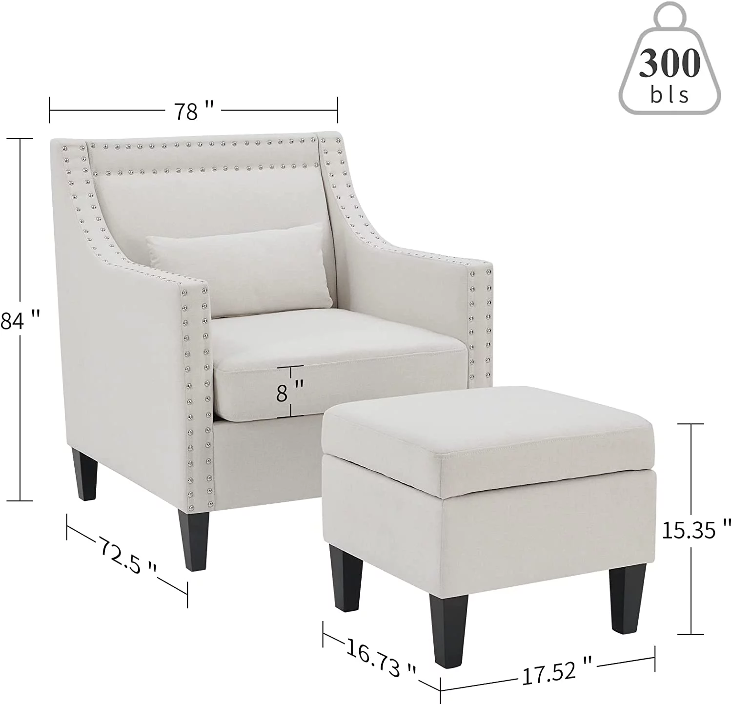 Kinmars Accent Chair with Ottoman Lumbar Pillow Set, Comfy Reading Armchair, Living Room, Home Office, Bedroom(Beige)