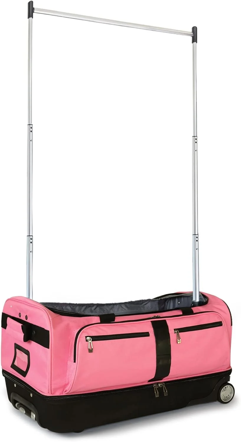 Newly Designed Garment Rack 28 inch Duffel with Wheels, Collapsible Lightweight Drop-Bottom Dance Costume Travel Luggage, Pink/Black…