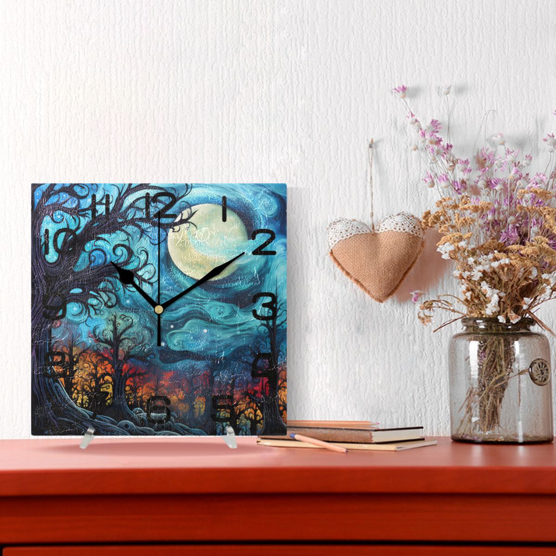 Blue with Tree Wall Clock Square Silent Non-Ticking Battery Operated Retro 7.78