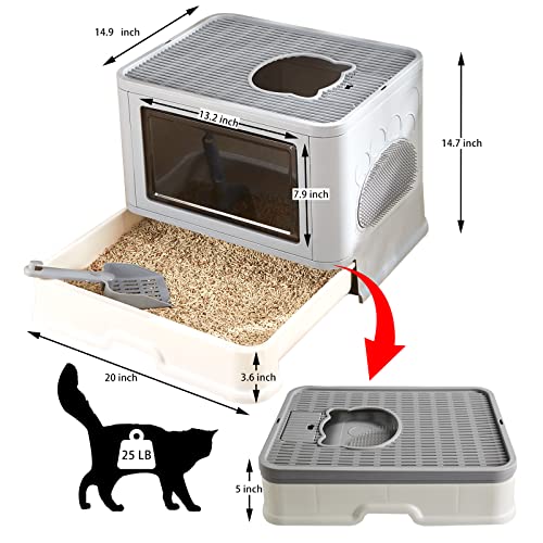 TUOKE Cat Litter Box Foldable Cat Litter Tray, Top Entry Cat Litter Box with Tray, Lid and Pet Litter Shovel ，for Easy Cleaning(Grey)