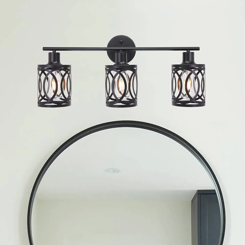 3-Lights Industrial Bathroom Vanity Light Fixture Black Farmhouse Wall Sconce Lighting for Bedroom Kitchen Living Room Foyer