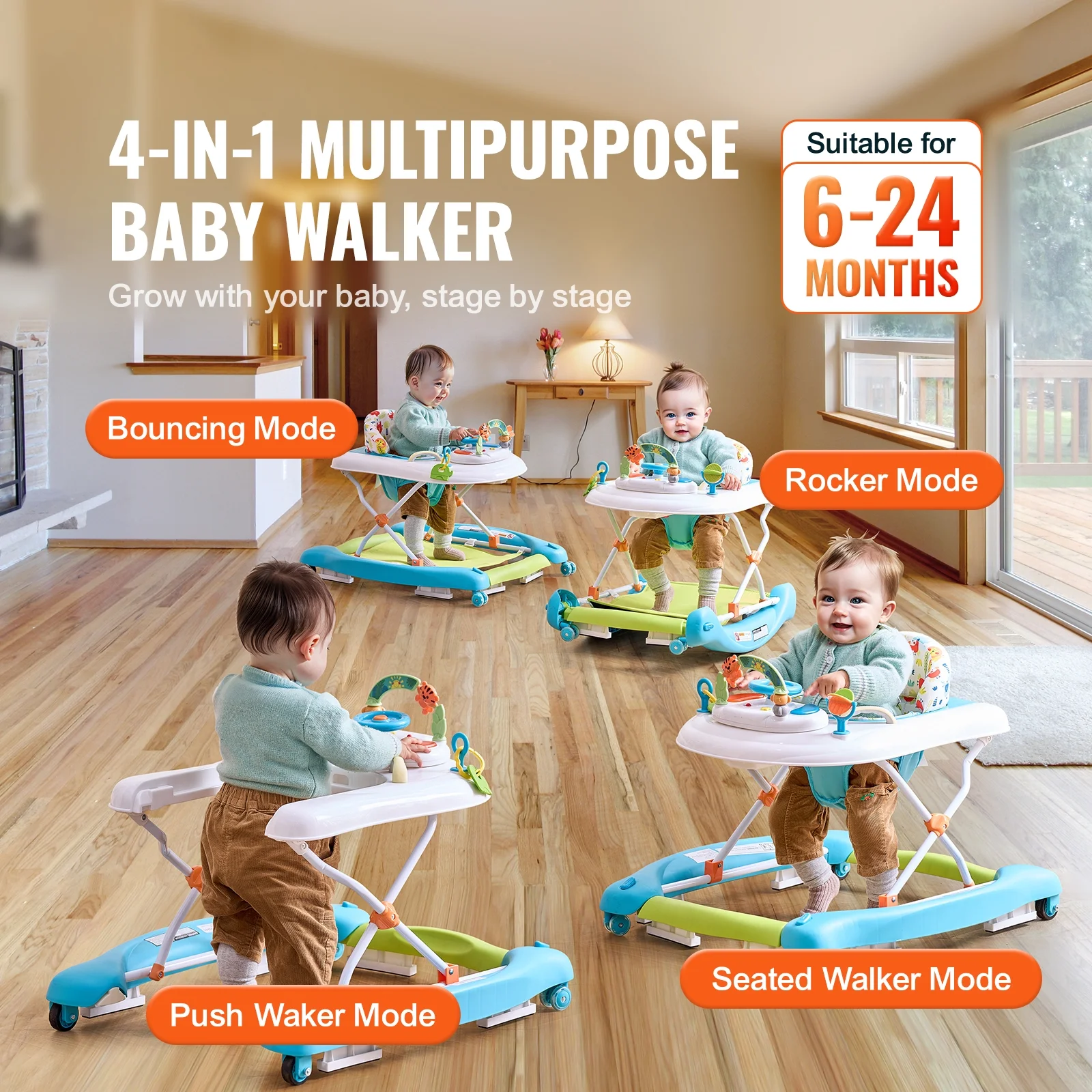 SKYSHALO Baby Walker 4 in 1, Foldable Height Adjustable Baby Walker with Wheels, Infant Toddler Walker with Foot Pads, Anti-Fall Baby Walker With Music & Toys Tray for Boys and Girls 6-24 Months