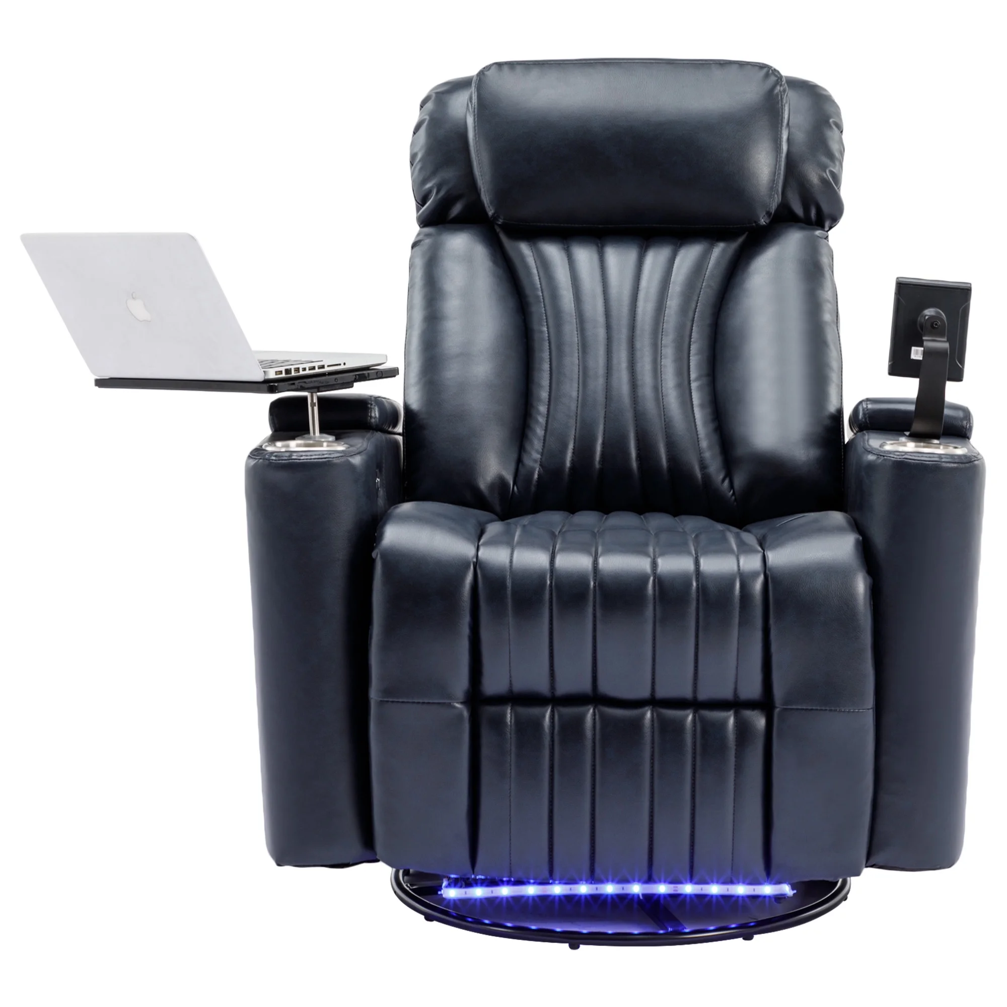 CoSoTower 270° Power Swivel Recliner, Home Theater Seating with Hidden Arm Storage and LED Light Strip, Cup Holder, 360° Swivel Tray Table, and Cell Phone Holder, Soft Living Room Chair, Blue