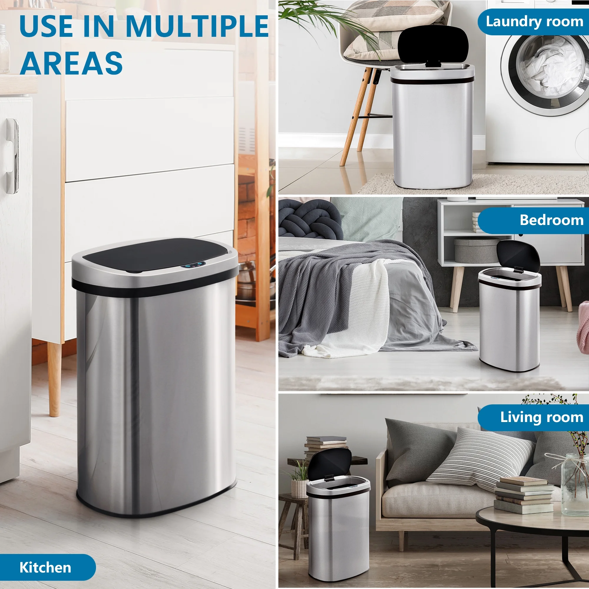 Innovaze 13.2 Gallon Motion Sensor Trash Can,  Stainless Steel Oval Kitchen Garbage Can with Black Lid