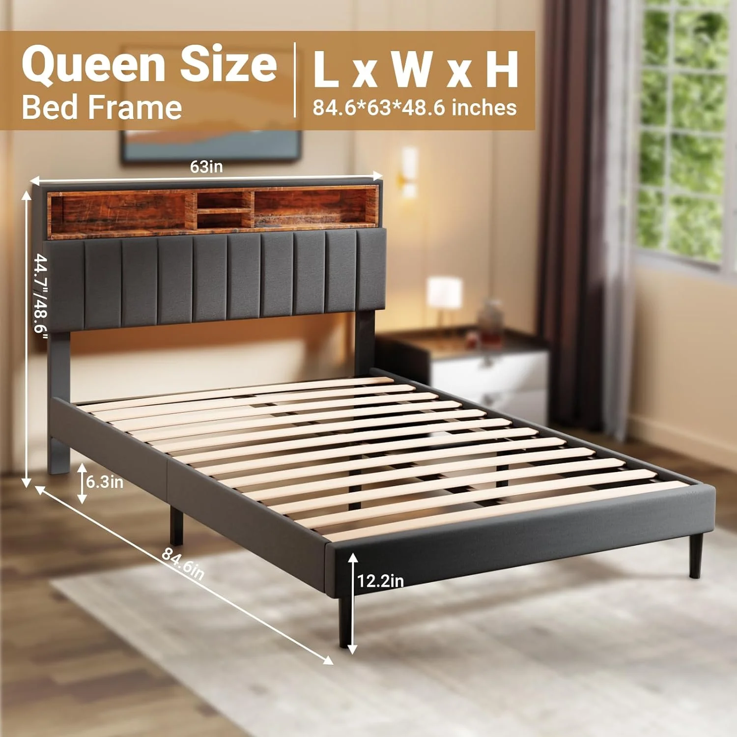 YILAN Queen Bed Frame with Tall Bookcase Storage Headboard, Queen Size Upholstered Platform Bed with USB Charging Station and Power Outlet/No Box Spring Needed/Easy Assembly/Noise Free