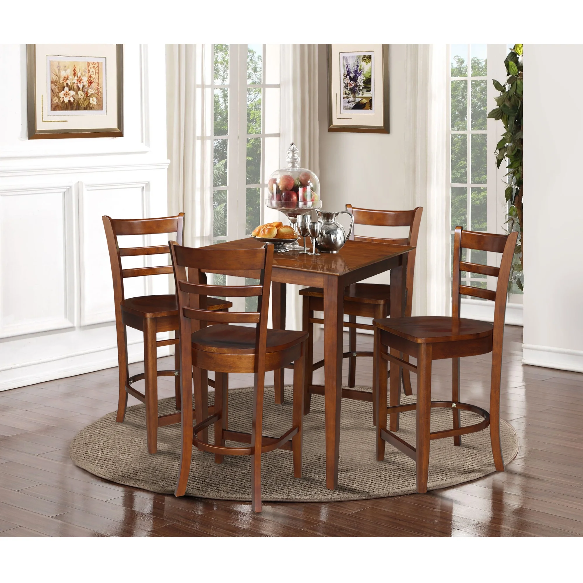 30'' Square Solid Wood Counter Height Dining Table with 4 Emily Ladder Back Counter Height Stools in Espresso