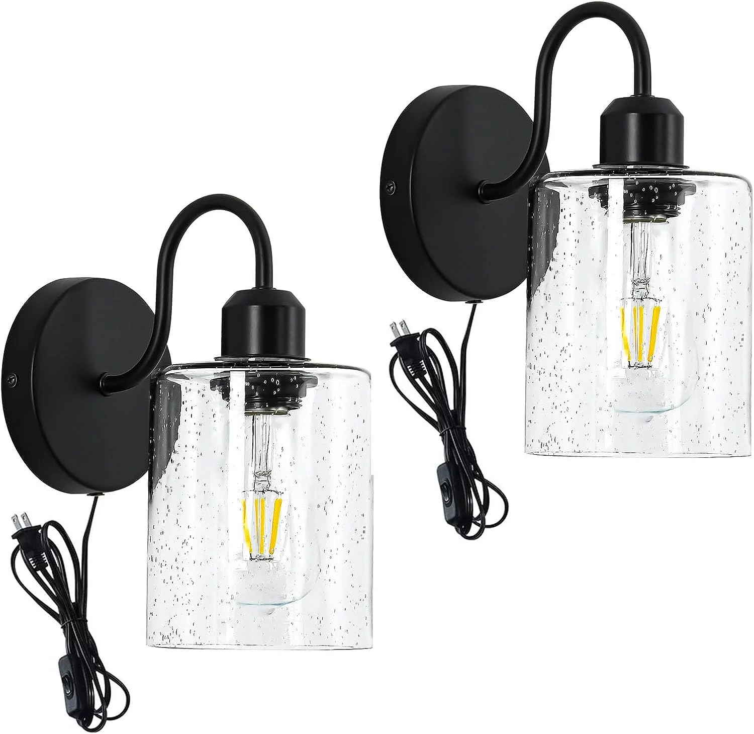 Plug in Wall Sconces Set of Two, Black Vanity Lights for Bathroom, Metal Modern Wall Lighting Fixtures with Seeded Glass Shade, Farmhouse Wall Lamp for Home Decor Bedroom Mirror Hallway