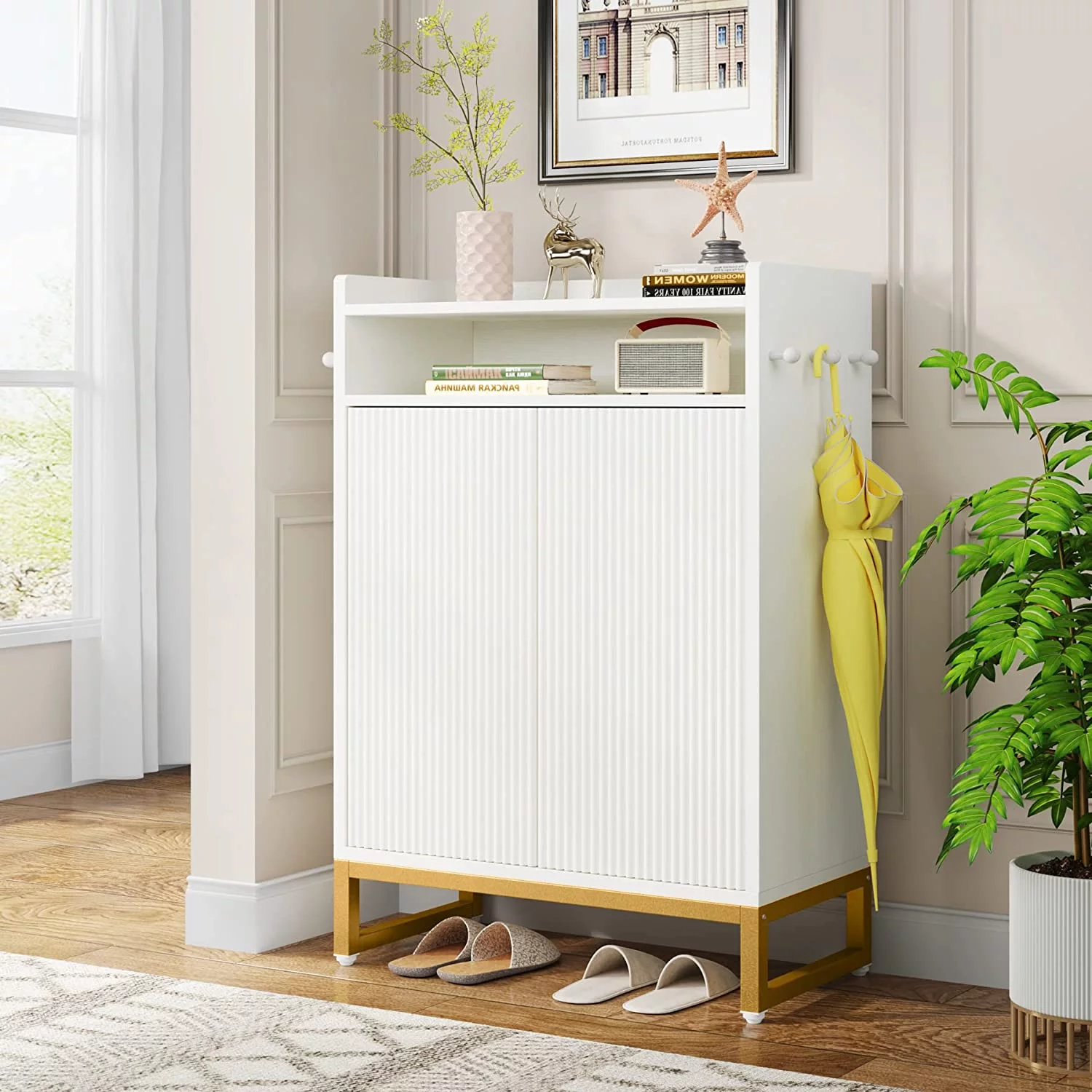 HYHBIBOOM Shoe Cabinet 5-Tier Shoe  Cabinet with Open Shelves & Hooks  Freestanding Wooden Shoe Rack  Modern Shoe Organizer for Entryway  Hallway  Bedroom  Small Space (White & Go