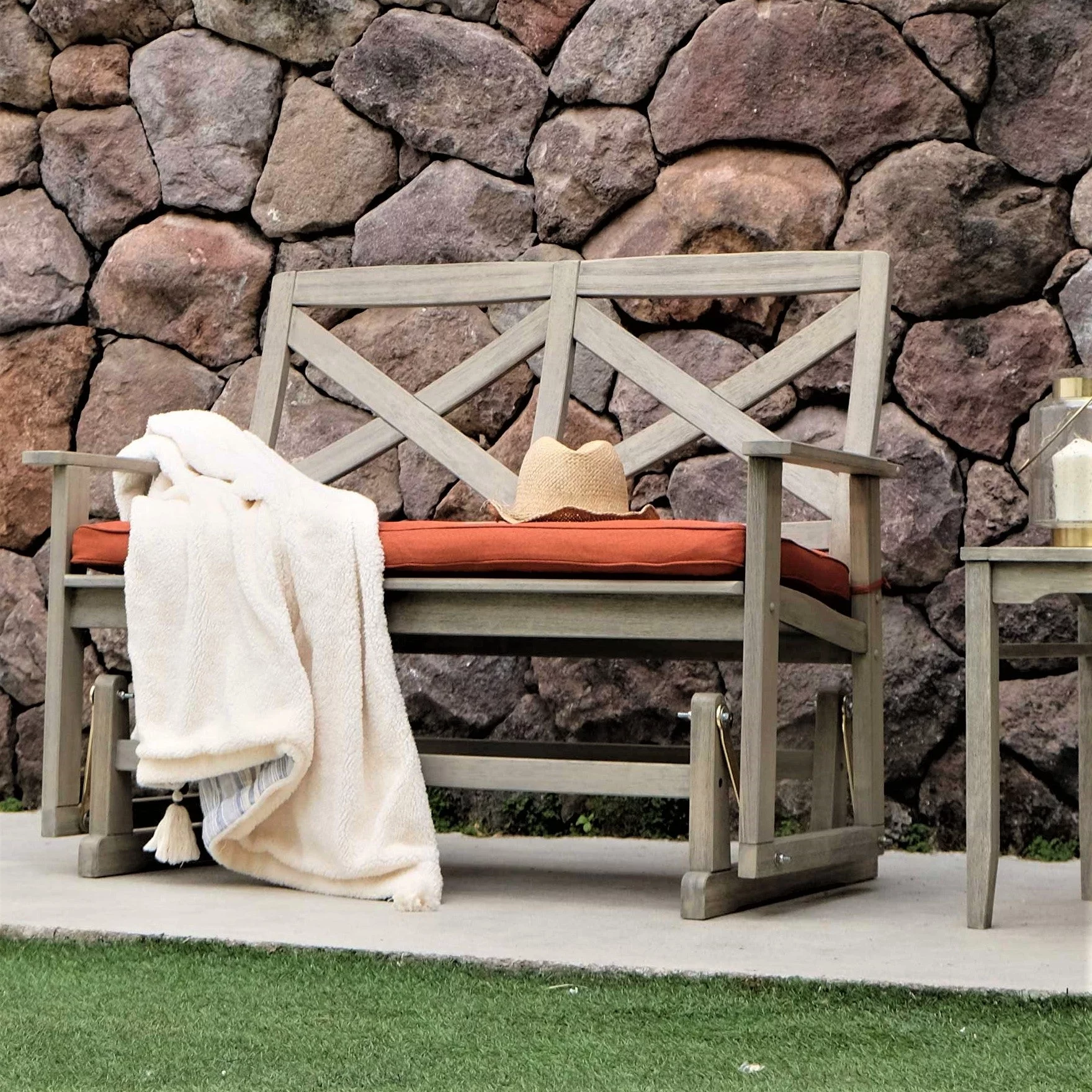 Carlota Solid Wood Outdoor Glider Bench - Brick Cushion