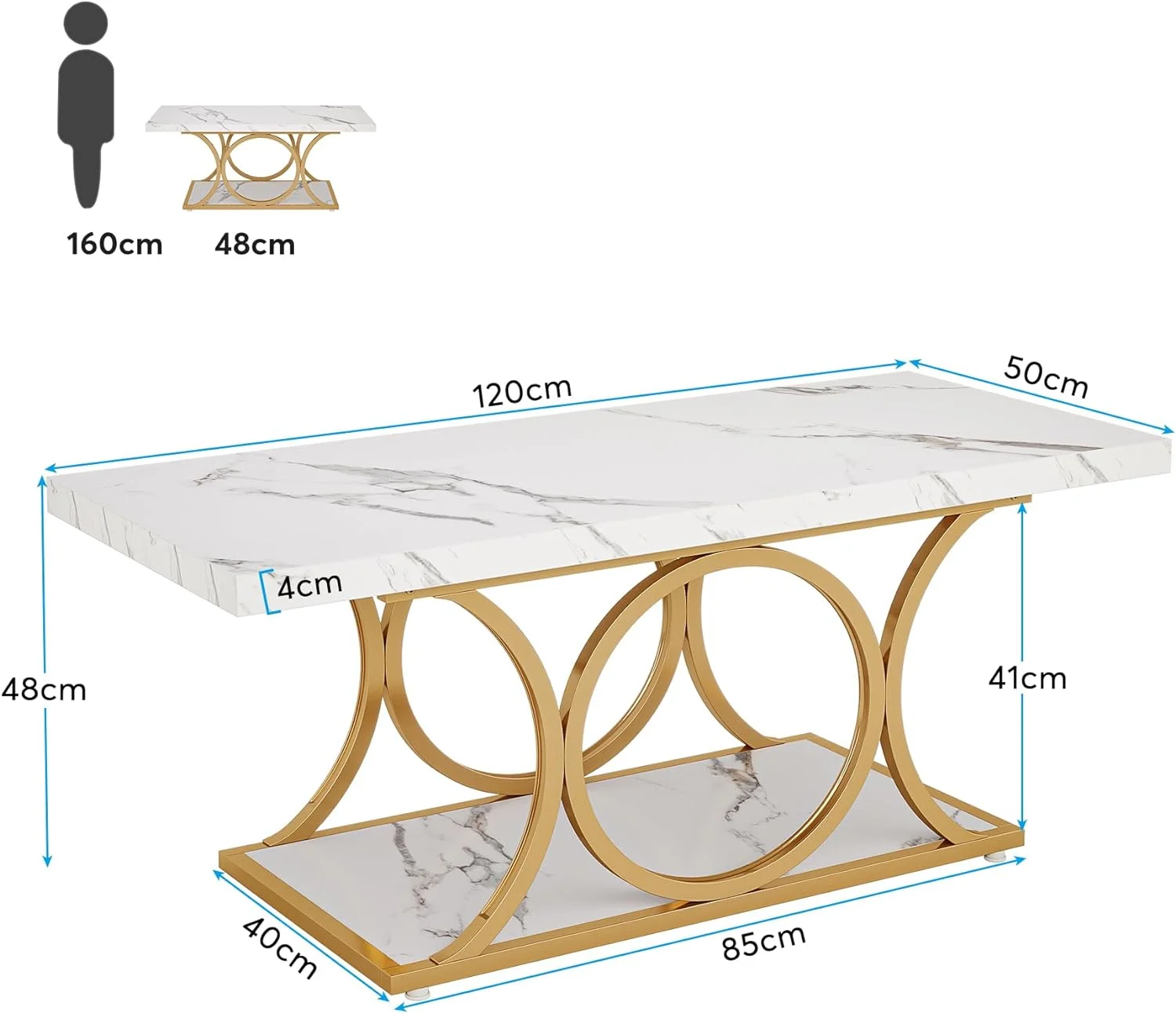 Rectangle Coffee Table, 47.24-inch Modern Coffee Tables for Living Room, 2-Tier Faux Marble Wood Coffee Table with Geometric Legs, Furniture with Storage Shelf (White & Gold)