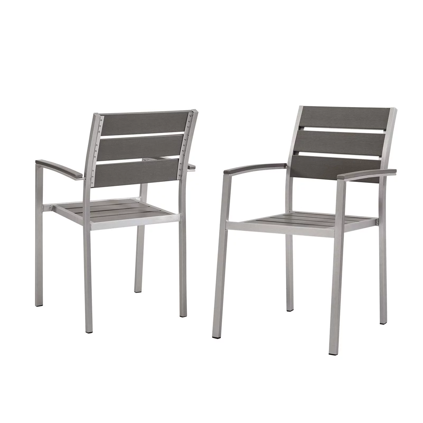 Side Dining Chair Armchair, Set of 2, Aluminum, Metal, Steel, Silver Grey Gray, Modern Contemporary Urban Design, Outdoor Patio Balcony Cafe Bistro Garden Furniture Hotel Hospitality
