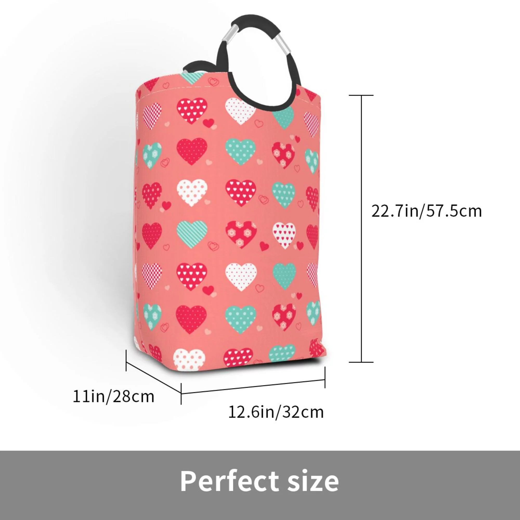 TEQUAN 50L Large Rectangular Laundry Hamper with Aluminum Handles, Pink Cute Hearts Prints Waterproof Foldable Dirty Clothes Basket
