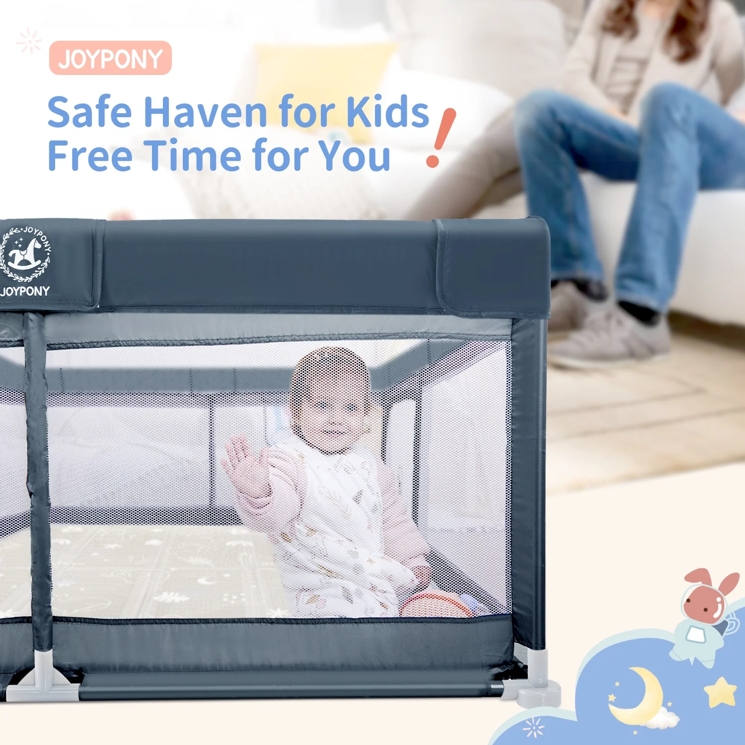 Joypony Grey Baby Playpen,Baby Playards Large Safety Play Center Yards,Kids Play Activity Center with Gate,Super Soft Mesh, Sturdy Fence Play Area for Toddlers,50 x 50 x 27 inches