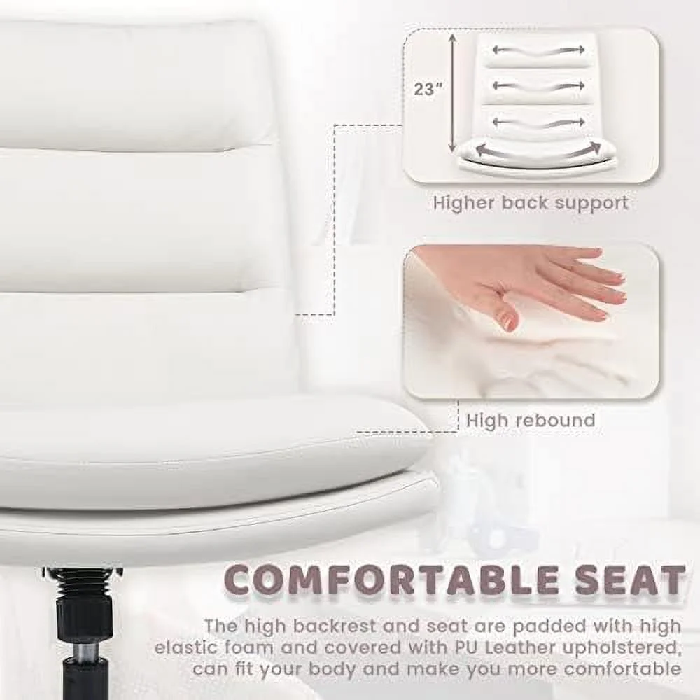 SJOINMB PU-Padded Armless Office Desk Chair No Wheels High-Back Wide Seat Home Chair 120° Rocking Cross Legged Computer Task Chairs Modern Adjustable Swivel Vanity Chairs (White)