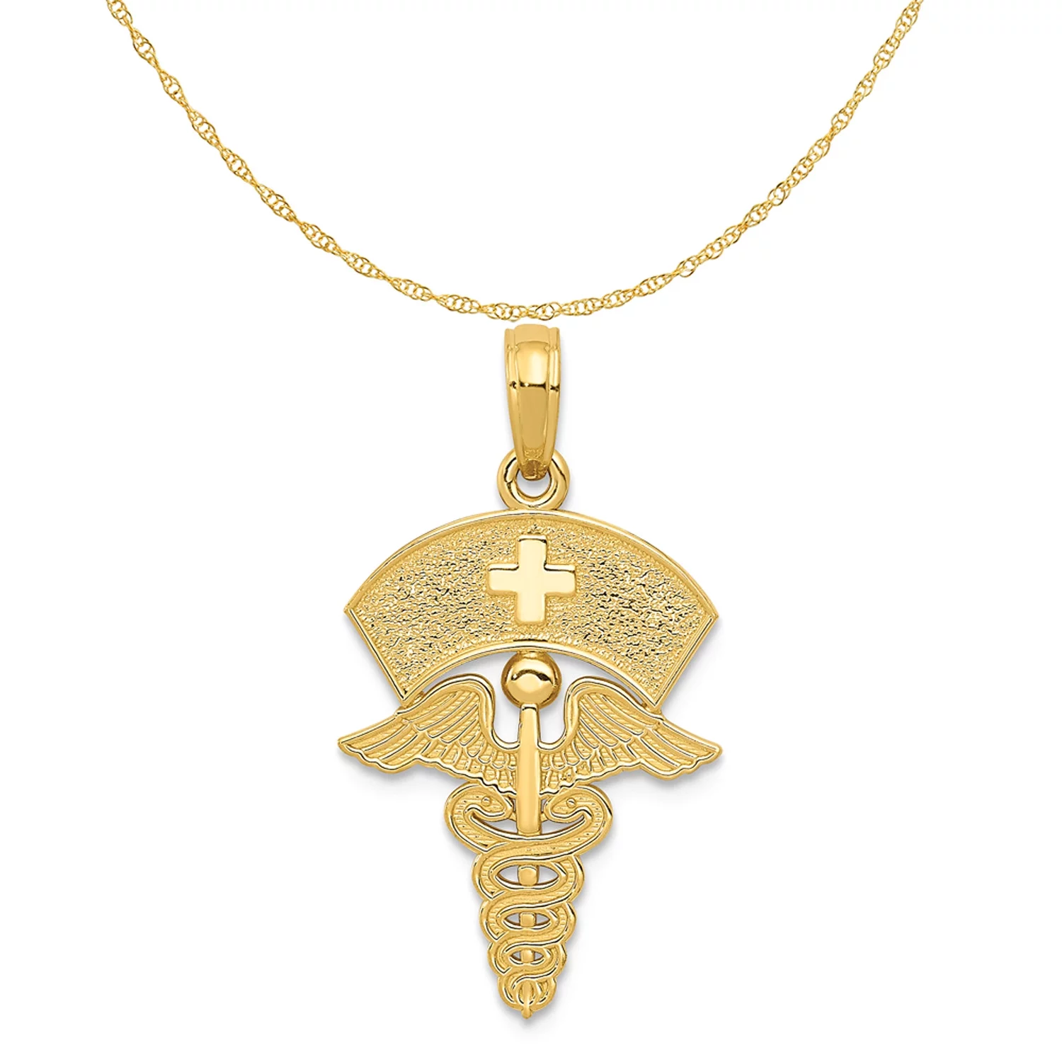Carat in Karats 14K Yellow Gold Caduceus With Nurses Cap Pendant Charm (30mm x 15mm) With 10K Yellow Gold Lightweight Rope Chain Necklace 20''