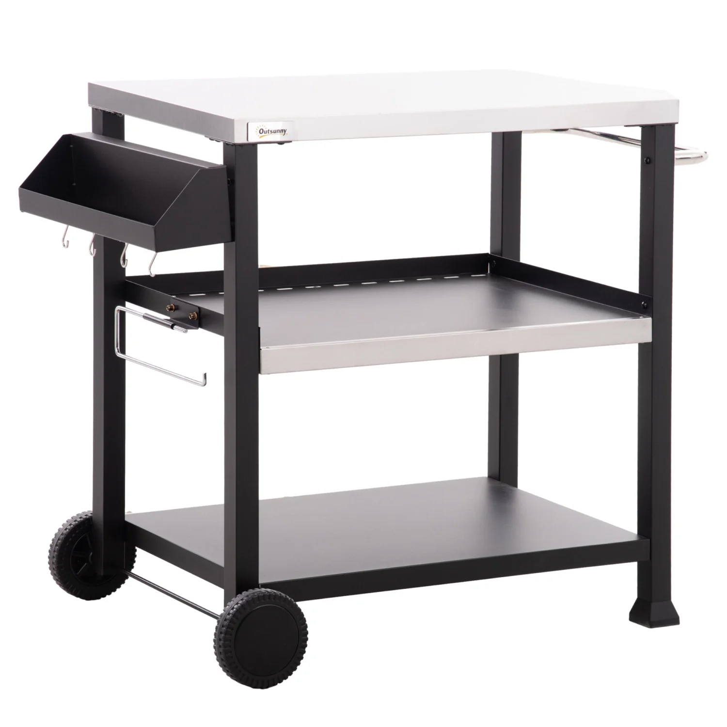 DremFaryoyo Three- Outdoor Grill Cart with Stainless Steel Tabletop  Side Handle  32” x 20.5” Multifunctional Pizza Oven Stand  Movable Food Prep  on Wheels  Black
