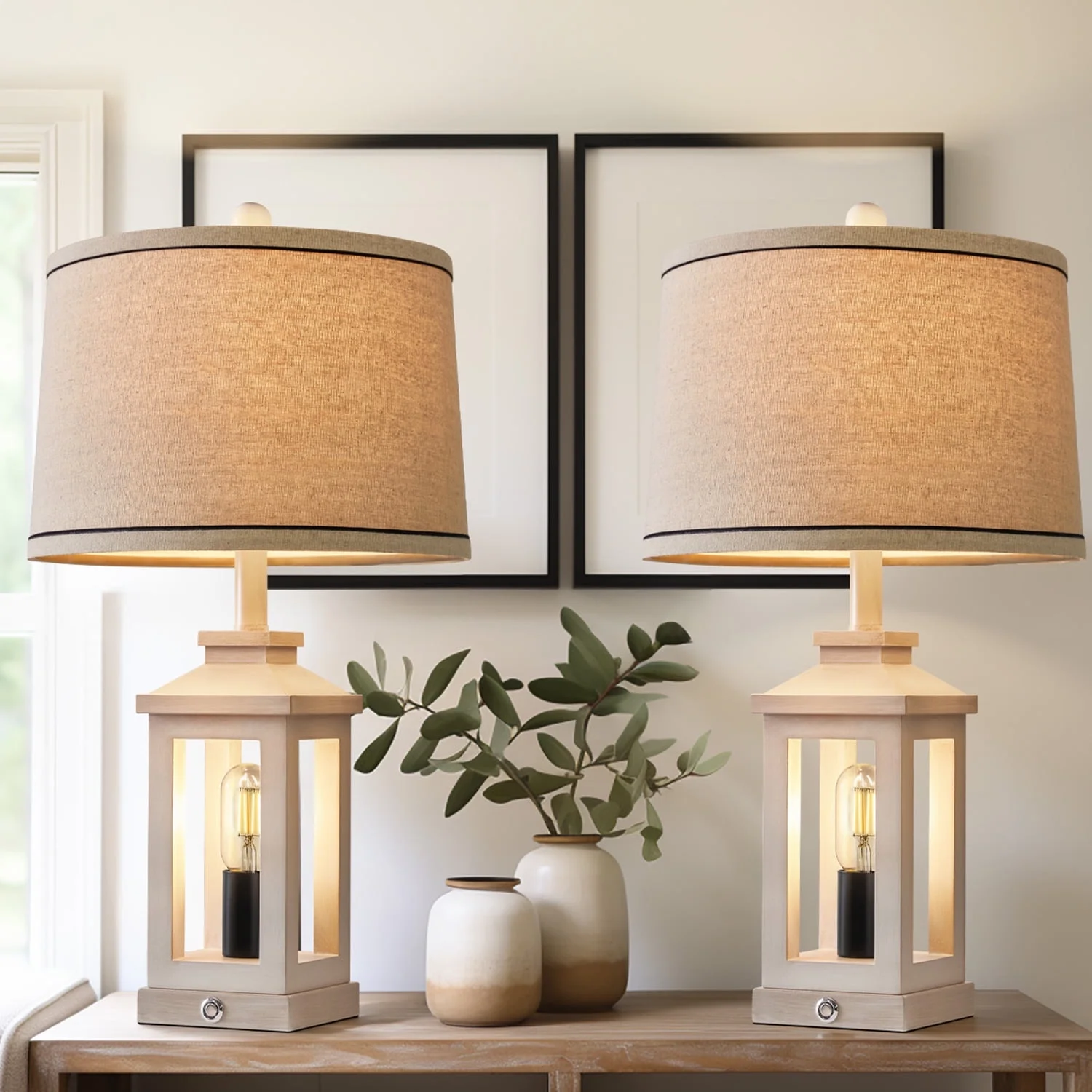 Oneach 3 Way Dimmable Touch White Table Lamp Set of 2 with USB Ports 25.25