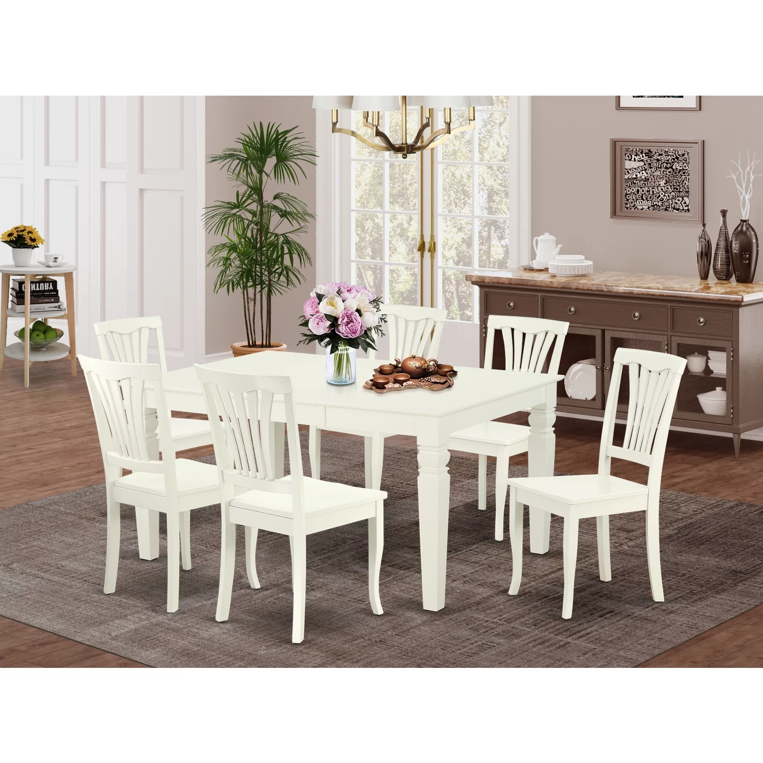 East West Furniture Weston 7-piece Dining Set with Wood Seat in Linen White