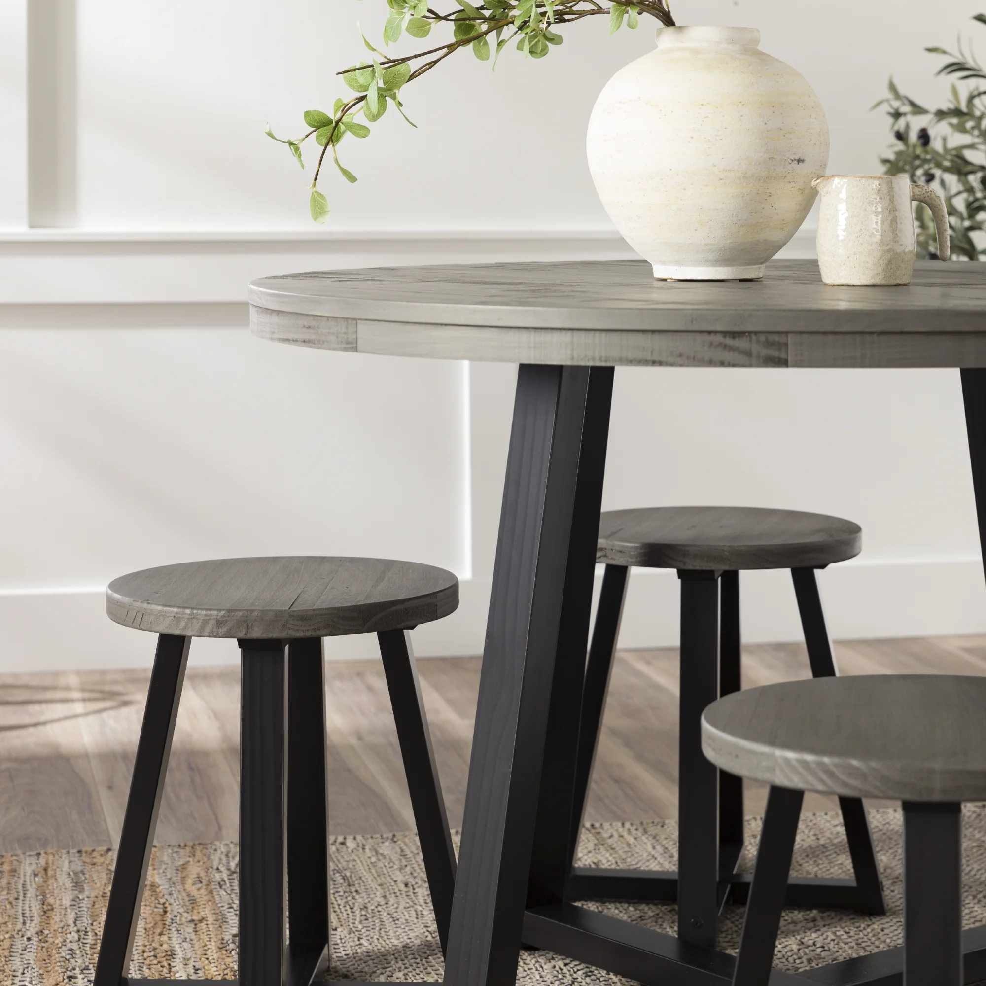 Walker Edison 42” Rustic Distressed Solid Wood Round Dining Table, Grey/Black