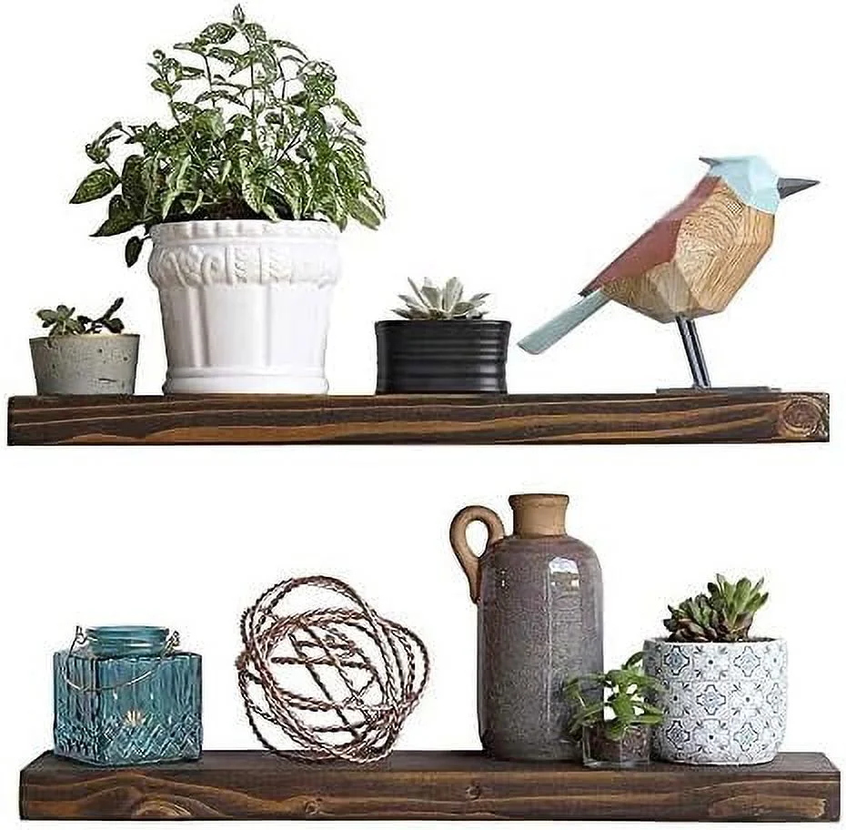 RSJIWOGZ Floating Shelves Wood Floating Shelves Set -  England  Rustic Pine Kitchen Office Bedroom Wall Mounted Smooth Finish Organizers 2 Pack (2'' x 5.5'' x 24''