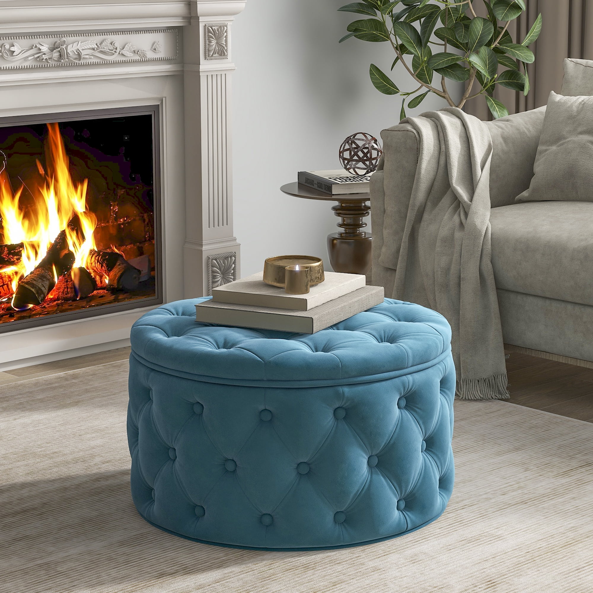 Round Velvet Storage Ottoman Button Tufted Footrest Stool, Coffee Table Ottoman with Storage for Living Room, Blue