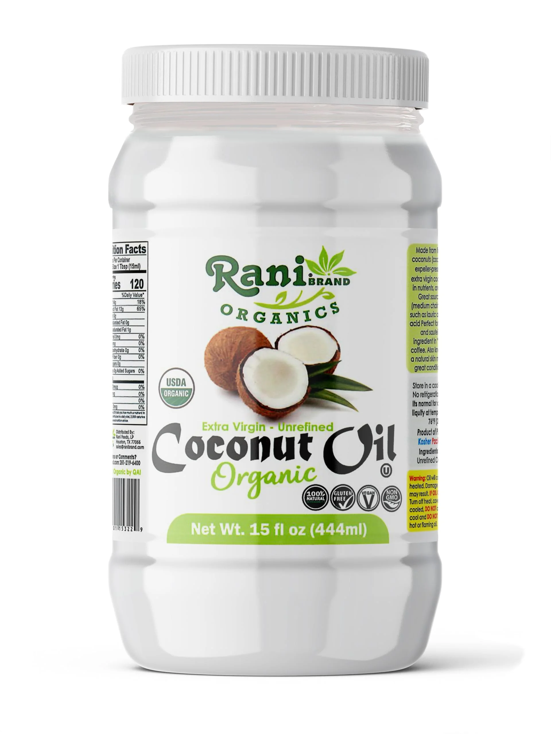 Rani Organic Extra Virgin Coconut Oil, Unrefined 15oz (444ml) Cold Pressed, NON-GMO | Gluten Free | Kosher | Vegan | 100% Natural