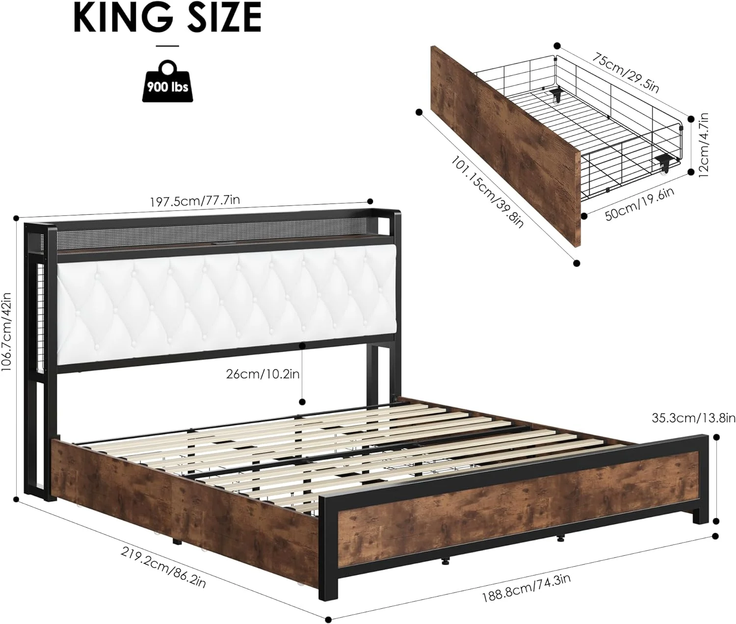 King LED Bed Frame with Pu Leather Storage Headboard & 4 Drawers, Upholstered Platform Bed with 3 USB & 1 Type-C Charging Ports, No Box Spring Needed, Noise Free, Easy Assembly, White